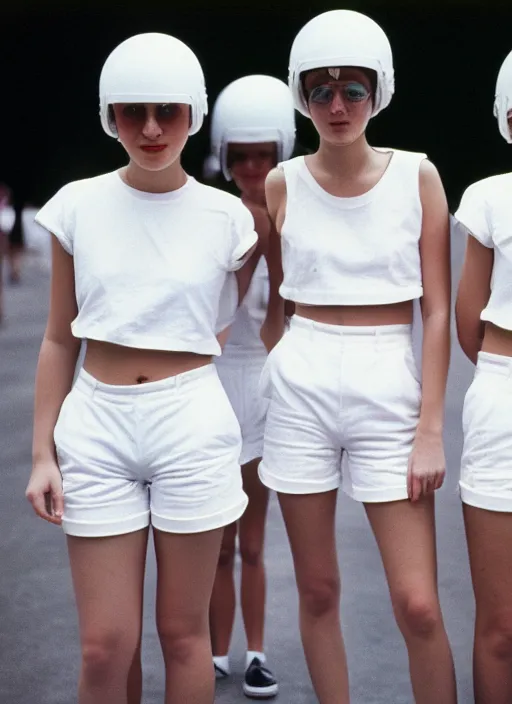 Prompt: realistic photo portrait of the university students wearing white shorts, dressed in white spherical helmets, fashion catwalk 1 9 9 0, life magazine reportage photo