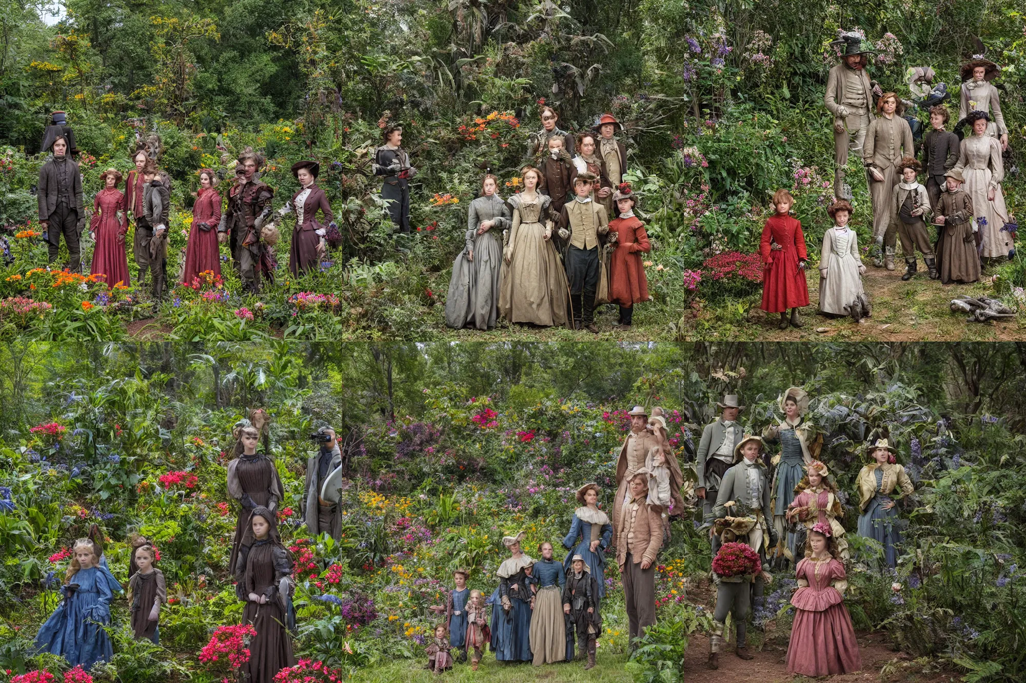 Prompt: sharp, highly detailed, 36864k film, 175000mm film still from a sci fi blockbuster color movie made in 2019, set in 1860, of a family standing in a park, next to some strange alien plants and flowers, on an alien planet, the family are all wearing 1860s era clothes, good lighting, enhanced faces, 70mm f/1.4L lens
