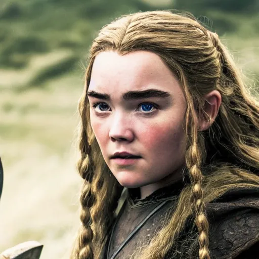 Image similar to first photos of 2 0 2 4 female lotr remake - florence pugh as gimli, ( eos 5 ds r, iso 1 0 0, f / 8, 1 / 1 2 5, 8 4 mm, postprocessed, crisp face, facial features )