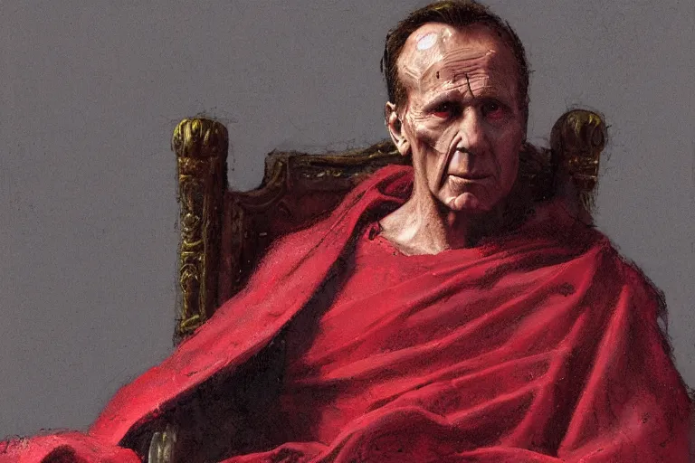 Prompt: the end is near. a tired julius caesar is sitting on his throne. face is highly detailed. splices of red are running down his toga. mist. color scheme red. low angle medium shot. imagined by jeremy lipking