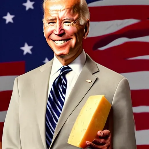 Image similar to Joe Biden proudly holding a prize winning piece of cheese