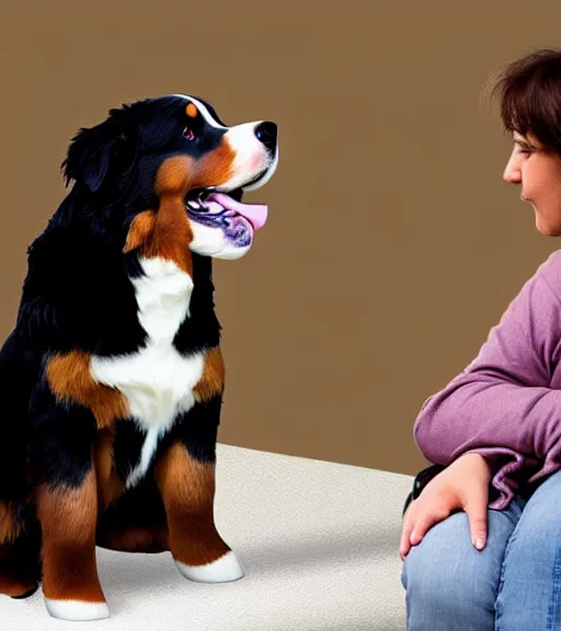 Image similar to a bernese mountain dog sitting next to a person, the person is a small toy figurine, the dog is a large large dog