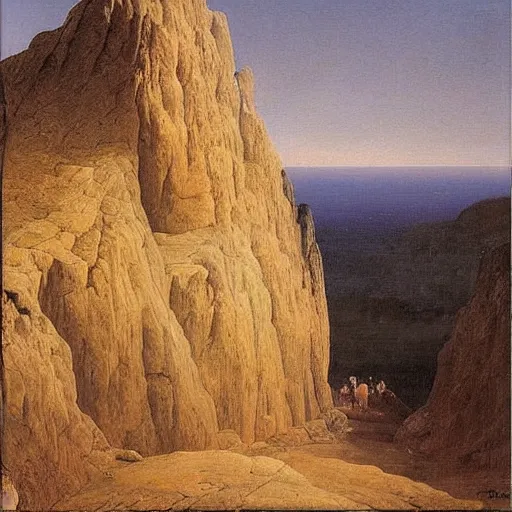 Prompt: caspar david friedrich oil painting of a cliff with a woman's face shape in the rocks,