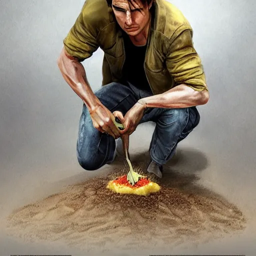 Image similar to tom cruise planting fries in the ground, digital art, highly - detailed, artstation cgsociety masterpiece