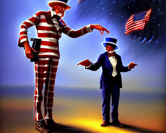 Image similar to uncle sam, sci - fi cinematic scene by jim burns