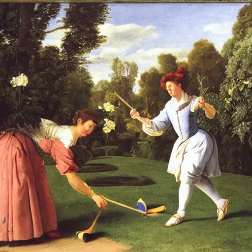 Prompt: seinfeld playing croquet in the garden, oil on canvas, highly detailed, warm color scheme, soft lighting, sharp focus, adelaide labille - guiard, artemisia gentileschi