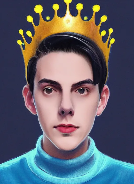 Image similar to portrait of teenage jughead jones wearing a light grey crown, crown, blue turtleneck, 1 9 5 0 s, closed eyes, photorealistic, black hair, glowing lighting, intricate, elegant, glowing lights, highly detailed, digital painting, artstation, concept art, smooth, sharp focus, illustration, art by wlop, mars ravelo and greg rutkowski