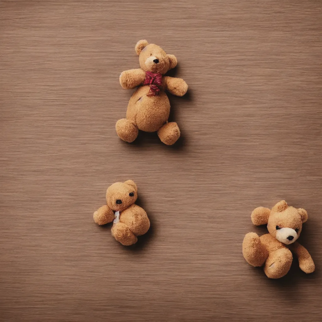 Prompt: top down view with teddy bear on top of wooden table, wallpaper, 4k, photorealistic