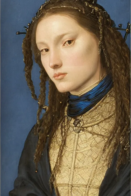 Prompt: hyperrealism extreme close-up portrait of medieval female knight with black roses in the long hair, wearing dark blue silk, in style of classicism