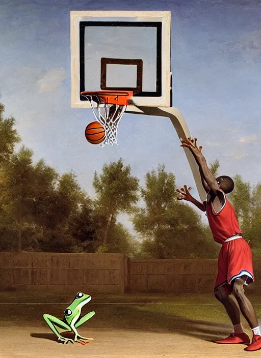 Image similar to a frog dunking a basketball into a basketball hoop highly detailed, sharp focus, matte painting, by isaac levitan and asher brown durand,