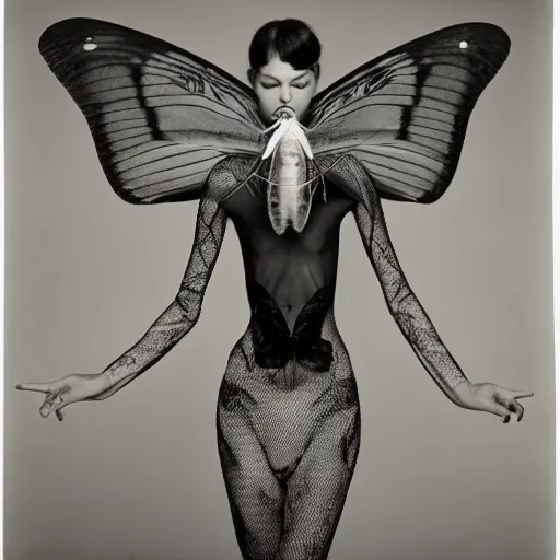 Image similar to a person with moth wings and a proboscis, large format film fashion photograph by richard avedon