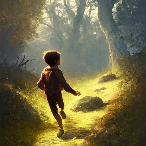 Image similar to a beautiful painting of a boy running up a hill toward a campsite being chased by bandits by Greg Rutkowski and Michael Whelan, fantasy setting,  amazing lighting, lush woodland.