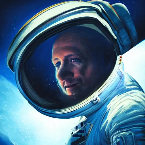 Prompt: portrait an astronaut looking back at earth exploding , subject in the center of the frame, wide angle shot, diffuse lighting, fantasy, intricate, elegant, highly detailed, lifelike, photorealistic, digital painting, illustration, concept art, smooth, sharp focus