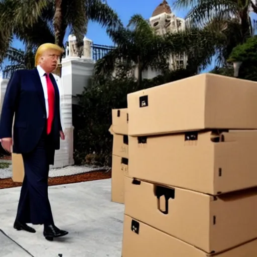 Prompt: donald trump leaving mar - a - lago with cardboard boxes, lego,