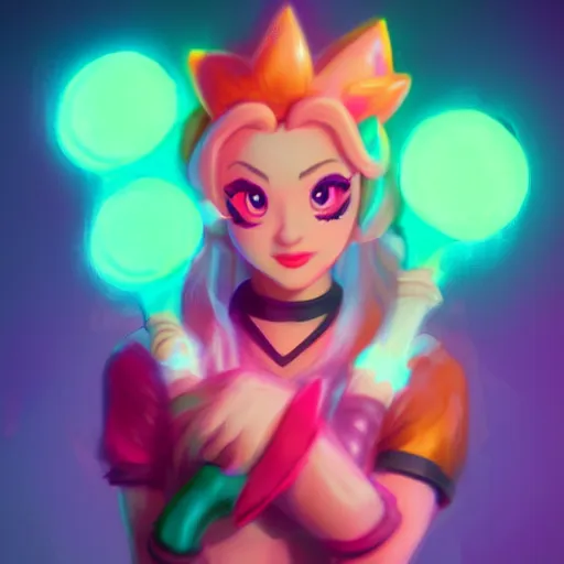 Image similar to Princess peach mixed with jinx from league of legends with neon lighting, trending on artstation, by WLOP and Joe Benitez