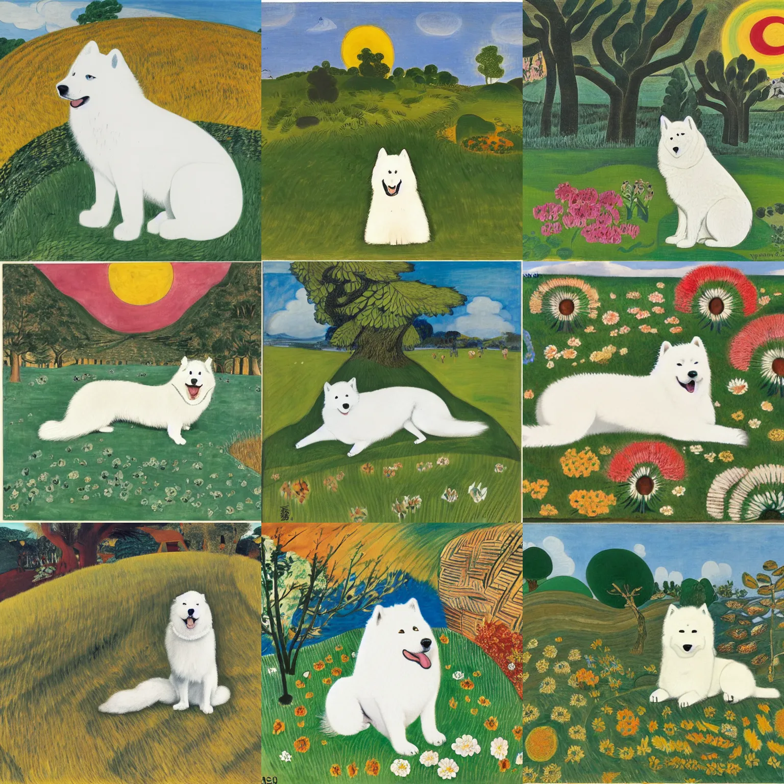 Prompt: a samoyed dog sitting in the middle of sunny meadow, by yasuo kuniyoshi