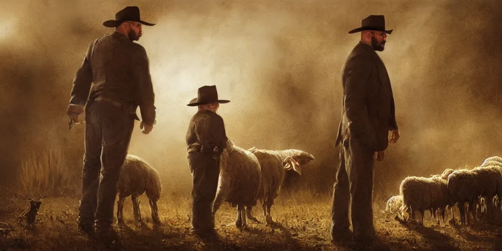Image similar to Oil painting of Dave Bautista in the old west inspecting a dead sheep outside the cabin on the prairie, volumetric lighting, cinematic
