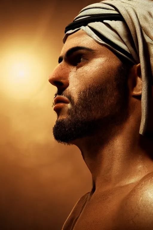 Image similar to a close - up photograph of an arab god, photorealistic, cinematic lighting