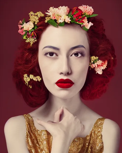 Image similar to Portrait of a European woman, close-up, high sharpness, zeiss lens, fashion photo shoot, peony flowers, red hair, red lipstick, in the background of gold, they have rhinestones on their face, Edward Buba, Annie Leibovitz, David Lazar, Jimmy Nelsson, Eiko Hosoe, artistic, hyper-realistic, beautiful face, octane rendering