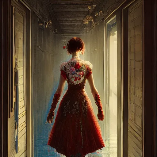 Prompt: beautiful girl in intricate clothing walking through a hallway reaching hands, reflections, very high intricate details, horror, painting, digital anime art, medium shot, mid - shot, wlop, ilya kuvshinov, artgerm, krenz cushart, greg rutkowski, sana takeda