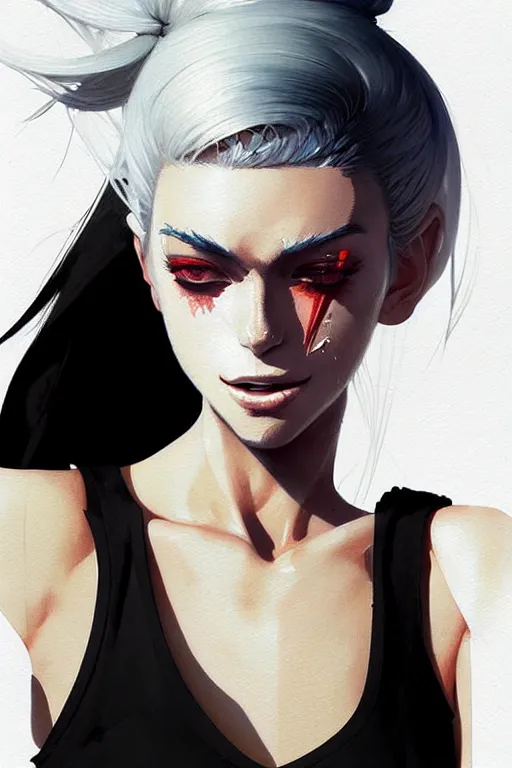 Image similar to a ultradetailed beautiful painting of a stylish woman in with white hair in a ponytail, she is wearing a black tank top, by conrad roset, greg rutkowski and makoto shinkai trending on artstation