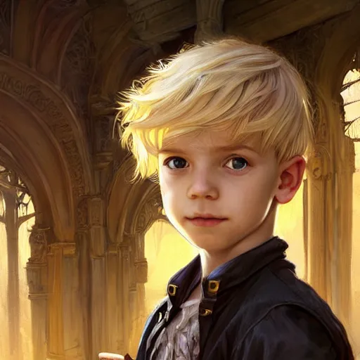 Prompt: portrait of a young boy wearing fantasy thief clothing in the slums of a fantasy city, blonde hair, d & d, fantasy, joyful smirk, intricate, elegant, highly detailed, digital painting, artstation, concept art, matte, sharp focus, illustration, art by artgerm and greg rutkowski and alphonse mucha