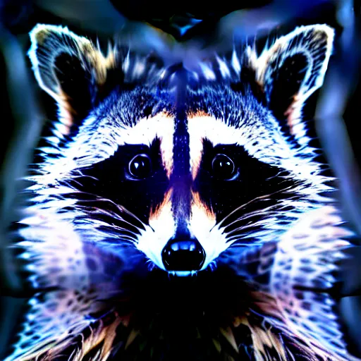 Image similar to a mechanical raccoon with wings in dark room, digital art, 4 k