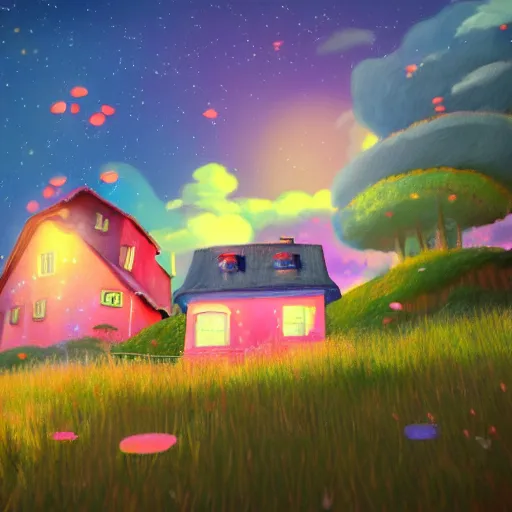 Image similar to beautiful 3 d painting of a colourful house on a hilltop at midnight with small fireflies flying around, in the style of studio ghibli, artstation, unreal engine