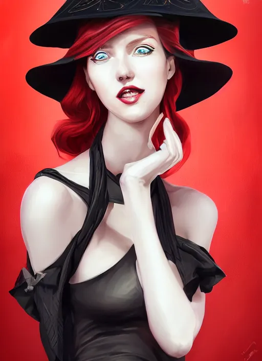 Image similar to a highly detailed illustration of tall beautiful red haired lady wearing black noir dress and black sun hat, dramatic smile pose, perfect face, perfect body, perfect eyes, intricate, elegant, highly detailed, centered, digital painting, artstation, concept art, smooth, sharp focus, league of legends concept art, wlop.