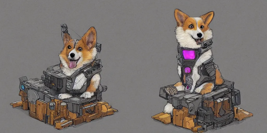 Prompt: dream a highly detailed painting of a cute fluffy cyberpunk corgi chilling on his throne, Zeen Chin and Farel Dalrymple , featured on Artstation