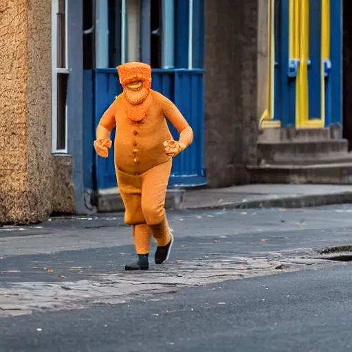 Prompt: a drunk ginger man with a cone on his wobbling down the street in the evening,