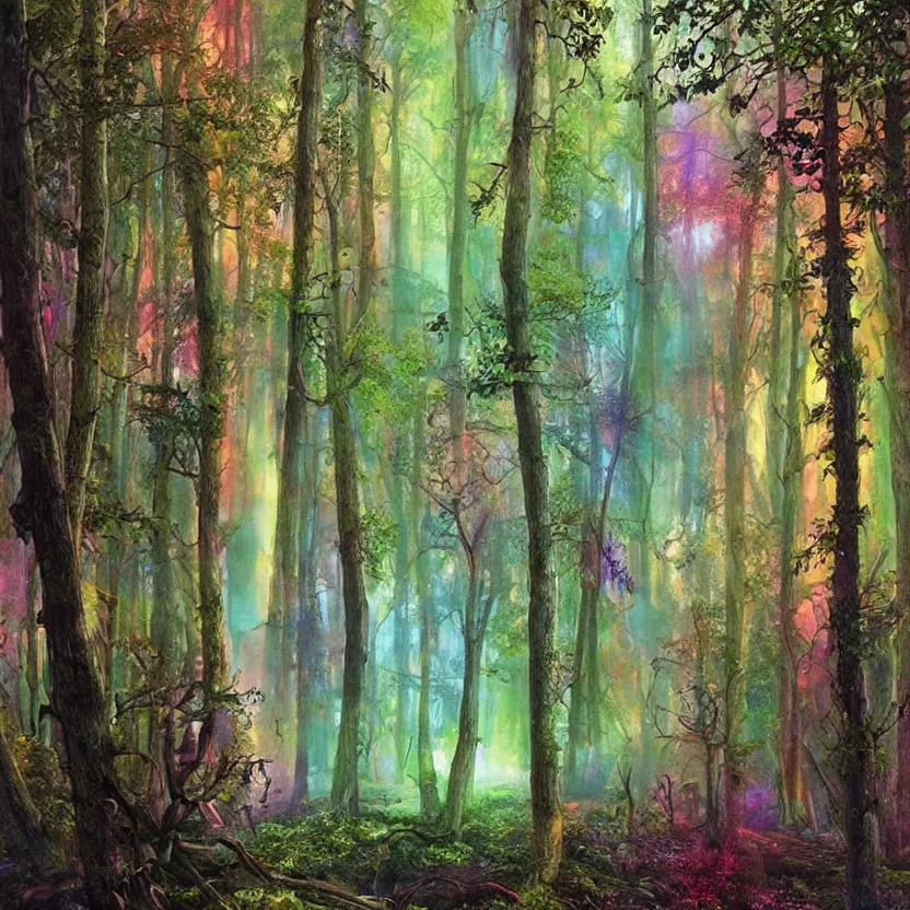 Prompt: a forest with rainbow eyes. hyperrealist fantastic and absurd painting. science fiction and fantasy illustration. richly colored.