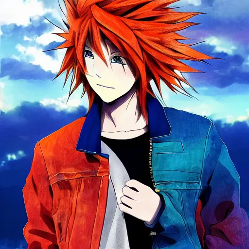 Image similar to orange - haired anime boy, 1 7 - year - old anime boy with wild spiky hair, wearing blue jacket, golden hour, partly cloudy sky, red clouds, orange sky, strong lighting, strong shadows, vivid hues, ultra - realistic, sharp details, subsurface scattering, intricate details, hd anime, 2 0 1 9 anime