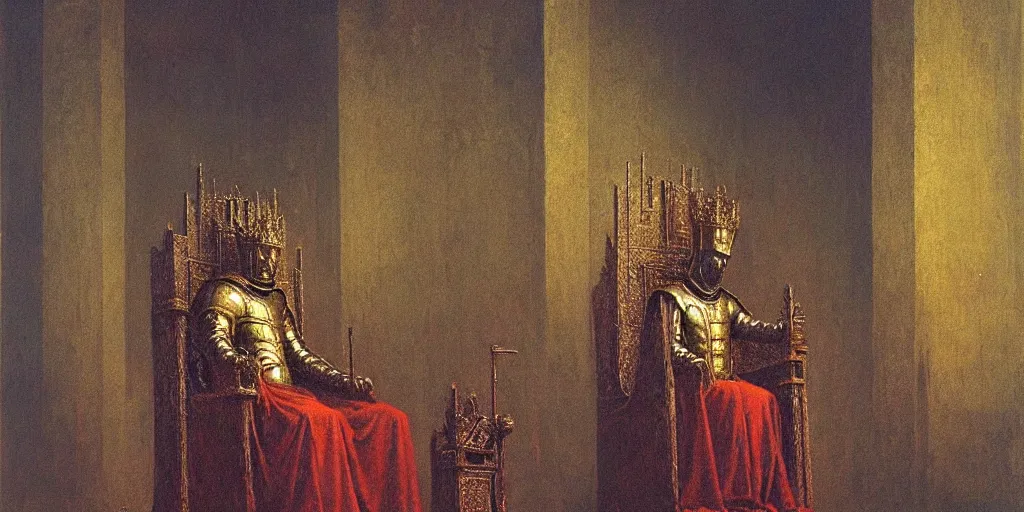 Image similar to a medieval king sitting on a golden throne in a palace, beksinski painting