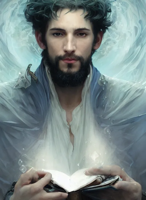 Image similar to character concept portrait of an attractive young focused Spanish wizard with pale blue enchanting a bubbling seduction spell, a floating wet spell book in the center, intricate, elegant, digital painting, concept art, smooth, sharp focus, illustration, from Metal Gear, by Ruan Jia and Mandy Jurgens and William-Adolphe Bouguereau, Artgerm