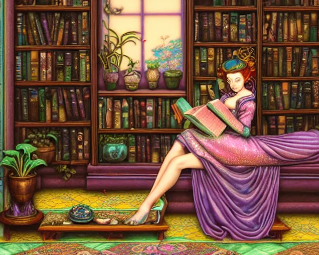 Image similar to a detailed fantasy pastel of a woman wizard in ornate clothing lounging on a purpur pillow on the marble floor in front of her bookcase in a room, reading an ancient tome. to the side is a potted plant, moody light. ancient retrofuturistic setting. 4 k key art. raytracing, perspective, by chie yoshii and casey weldon