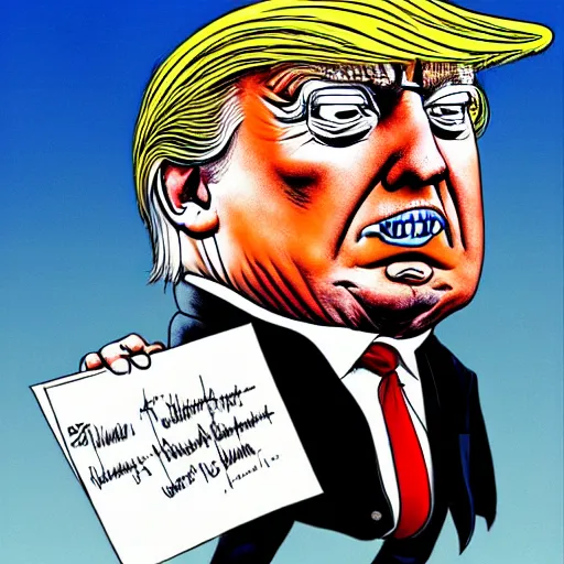 Image similar to : trump looking sad, political cartoon, style of Ralph Steadman