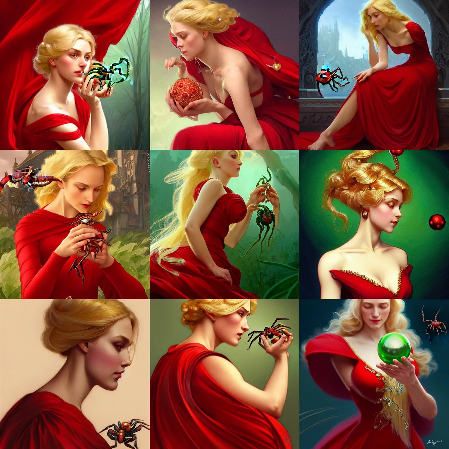Prompt: beautiful blonde woman in a red dress feeding green pearls to a giant spider, closeup, D&D, fantasy, intricate, elegant, highly detailed, digital painting, artstation, concept art, matte, sharp focus, illustration, art by Artgerm and Greg Rutkowski and Alphonse Mucha