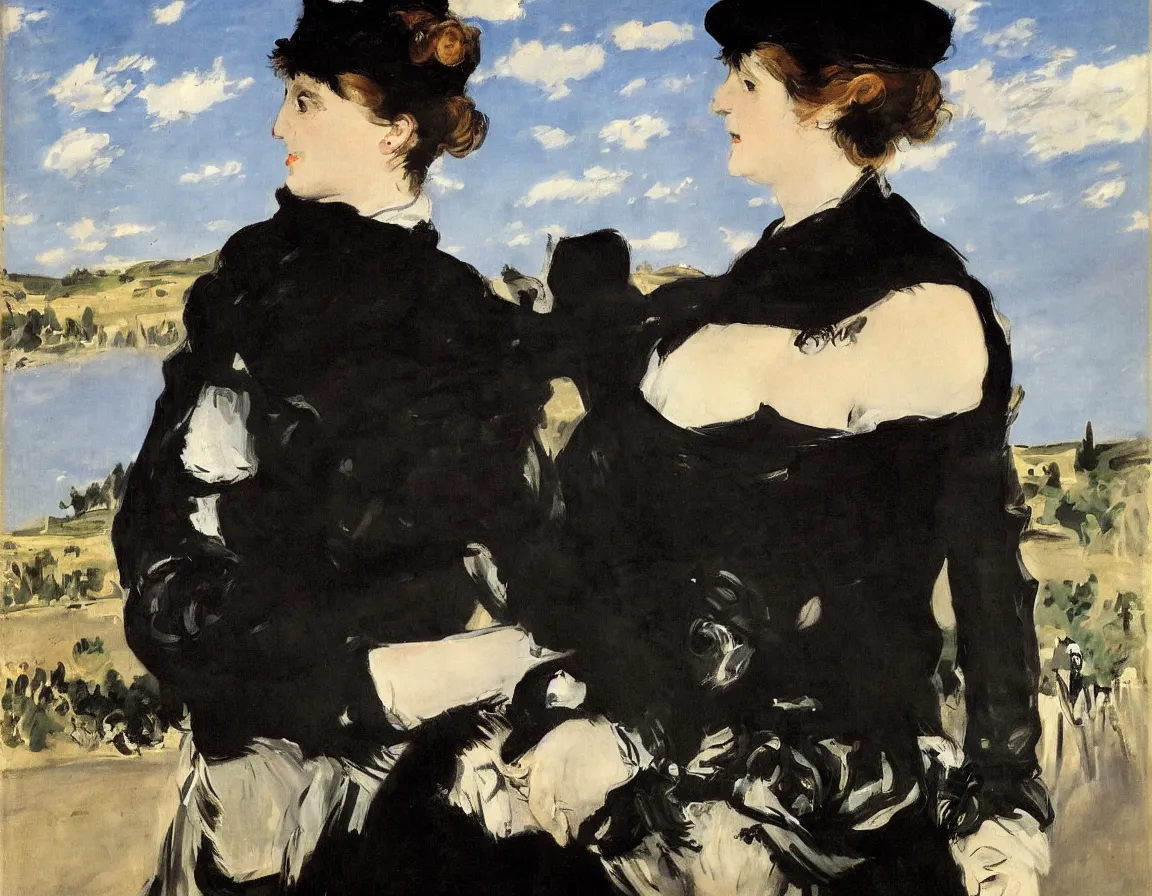 Image similar to edouard manet. a wide portrait of a marie from the side all dressed in black on a motorcycle on a highway looking over her shoulder towards us. blue sky. there is another motorcycle blurred in the background. precise thin brush strokes. expressive. emotional. modern.