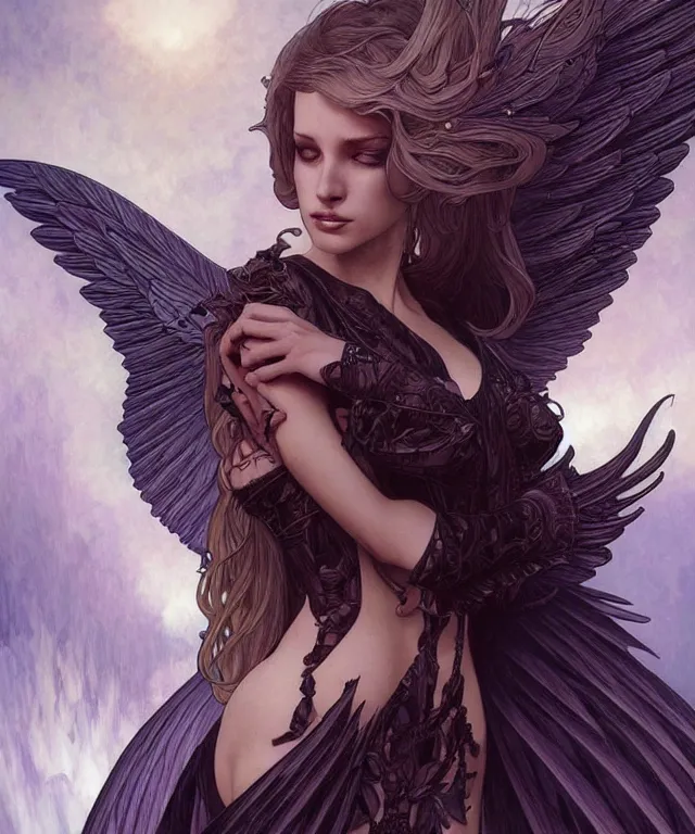 Prompt: beatiful woman turning into a dark angel, dark surrealism , scifi, intricate, elegant, highly detailed, artstation, concept art, smooth, sharp focus, illustration, art by artgerm and moebius and alphonse mucha