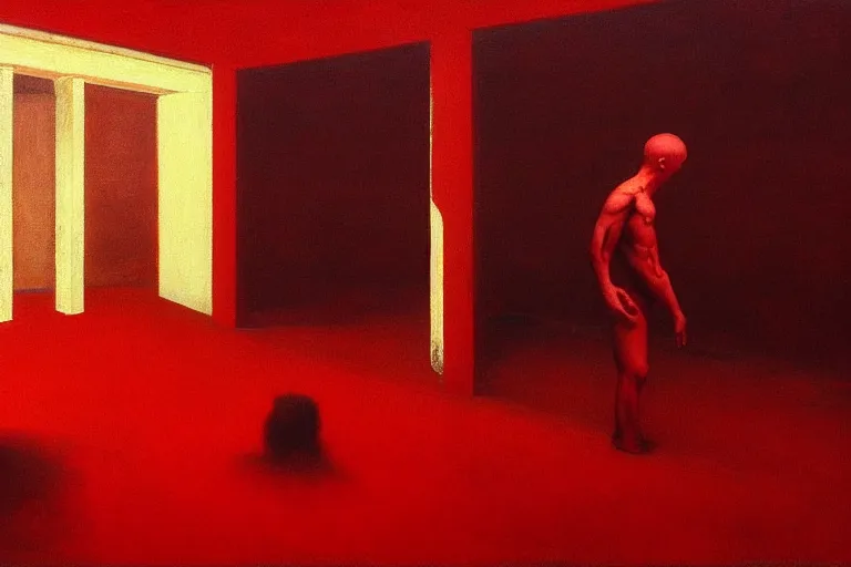 Image similar to only with red, crowd screaming, an exposed painting in a roman theater, in the style of beksinski, parts by edward hopper, parts by rodcenko, parts by yue minjun, intricate and epic composition, red by caravaggio, insanely quality, highly detailed, masterpiece, red light, artstation, 4 k