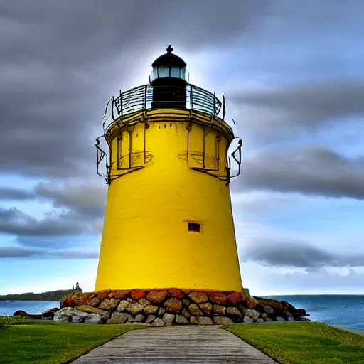 Prompt: an enormous yellow lighthouse by greg rutkoski