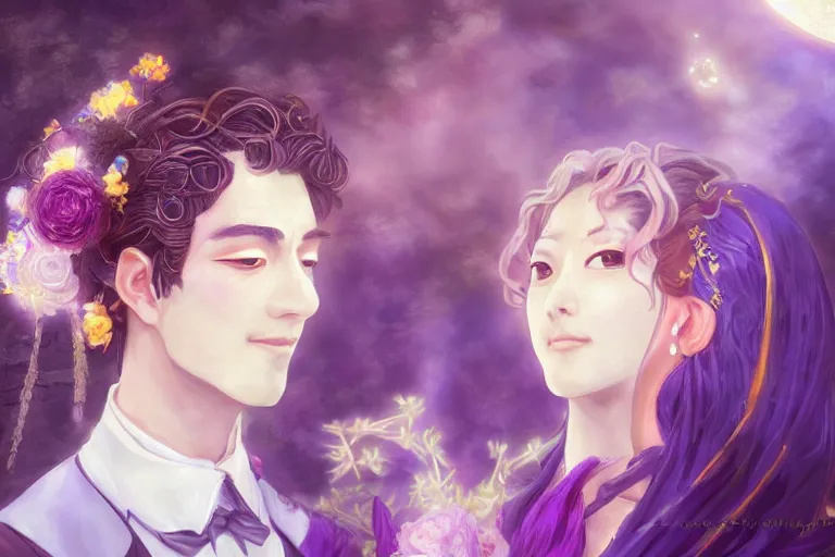 Image similar to a cinematic portrait of wedding photograph jpeg close up moment of a divine a japan sun god and moon goddess lovers magician at a wedding banquet. portraiture. digital painting. artstation. concept art. fantasy wedding photo. digital painting, 8 k realistic, hyper detailed, violet evergarden art masterpiece by art by krenz cushart