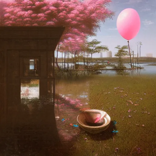 Image similar to liminal spaces, party balloons, checkered pattern, David Friedrich, award winning masterpiece with incredible details, Zhang Kechun, a surreal vaporwave vaporwave vaporwave vaporwave vaporwave painting by Thomas Cole of an old pink mannequin head with flowers growing out, sinking underwater, highly detailed