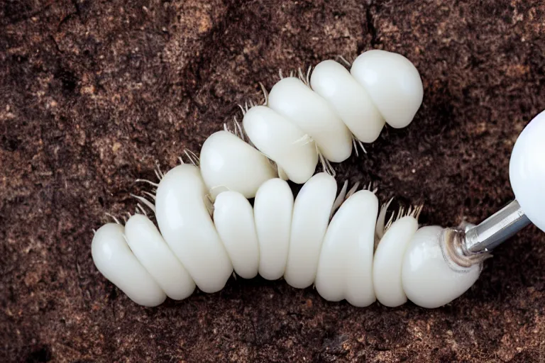 Prompt: a squishy white grub with big scary fangs and a lightbulb on its tail, high resolution film still, HDR color, 8k