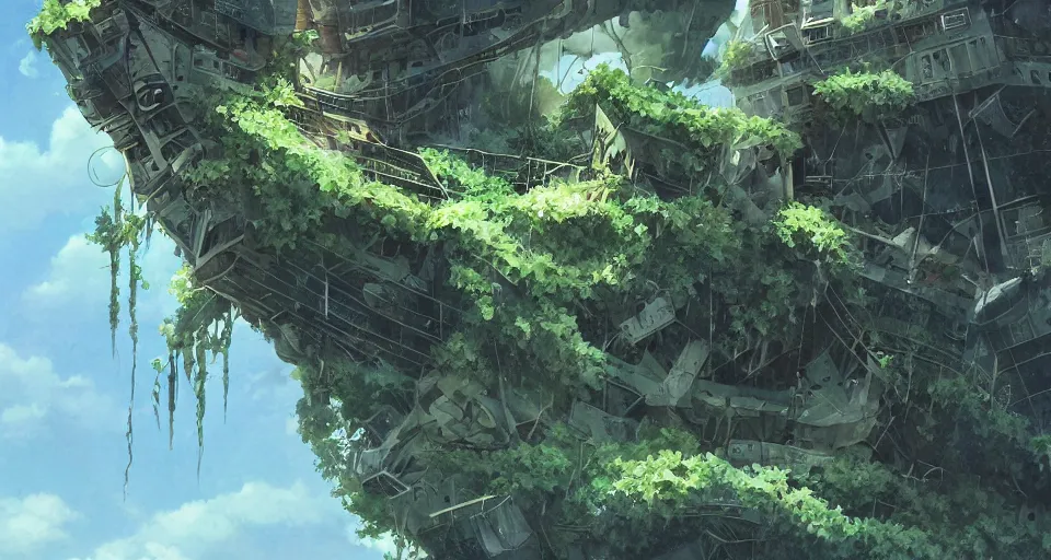 Prompt: close - up broken collided flying ship taken by ferns and vines, highly detailed, sharp focus, matte painting, by studio ghibli, by giovani magana,