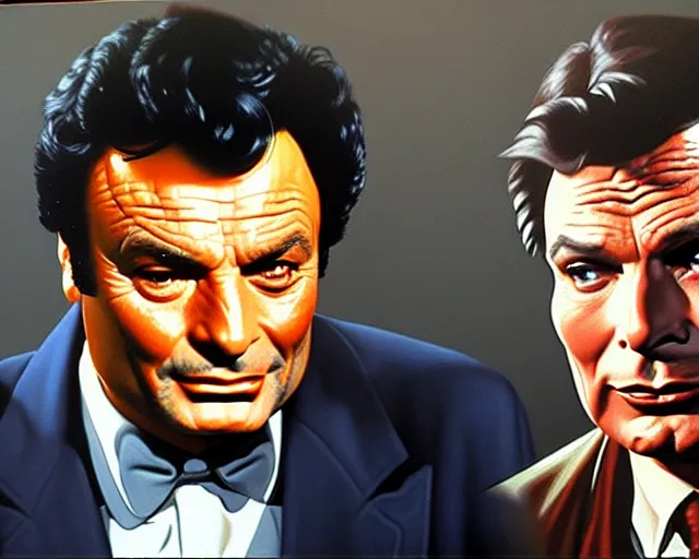 Image similar to peter falk's detective columbo meets adam west's batman, realistic, oil painting, hq scan, artstation trending