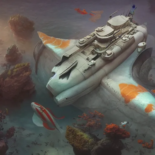 Image similar to subsurface scattering, white, giant submarine, koi colors, without koi, octane render, jesper ejsing, justin gerard, james jean, tomasz alen kopera, cgsociety, fenghua zhong, makoto shinkai, highly detailed, rim light, art, cinematic lighting, very coherent, hyper realism, 8 k