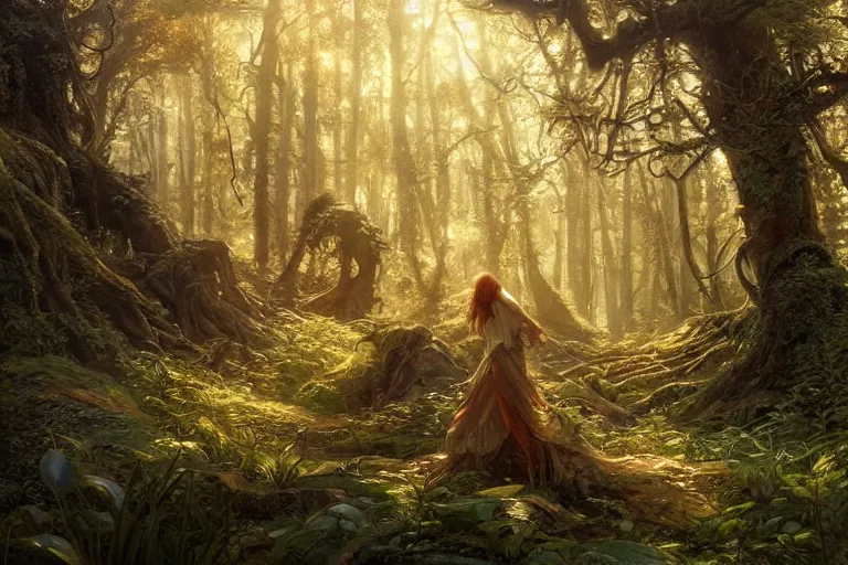 Prompt: painting of a beautiful forest landscape, sunshine, summer, warm, concept art, intricate details, eerie, highly detailed, photorealistic, octane render, 8 k, unreal engine. art by artgerm and greg rutkowski and alphonse mucha