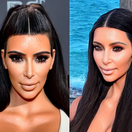 Prompt: kim kardashian fights ariana grande on hot sunny beach